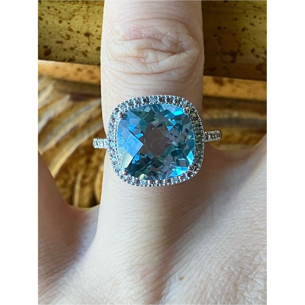 Natural Blue Topaz White Diamond Sterling Silver Ring Size 7